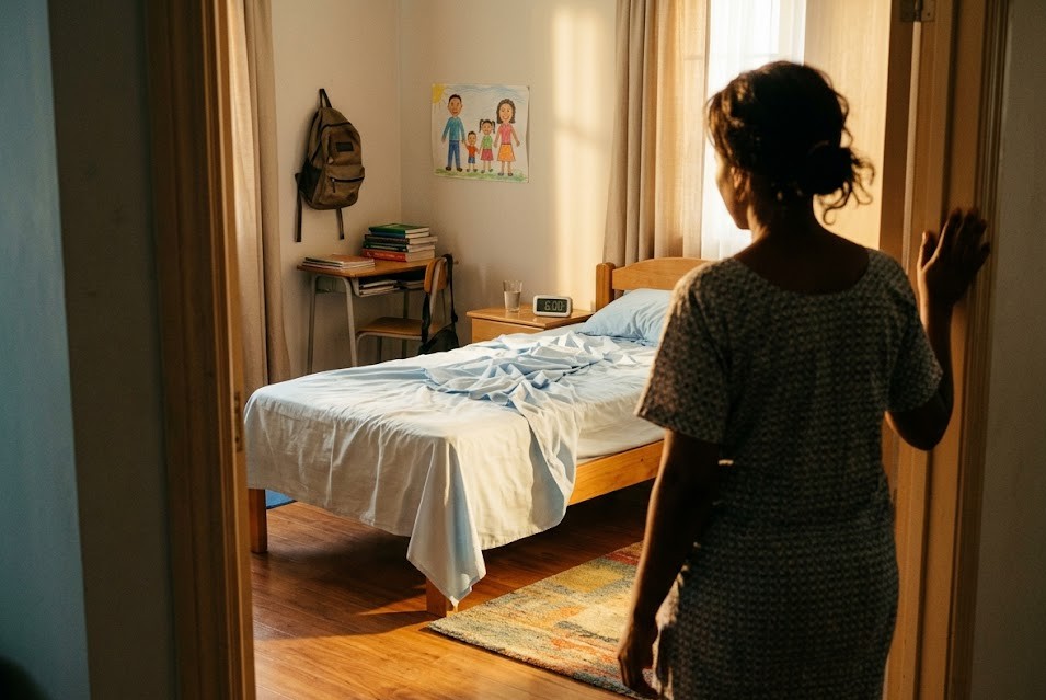 Mother standing in doorway of child bedroom